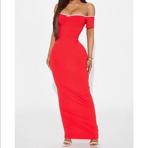 Red lace trim ribbed maxi dress